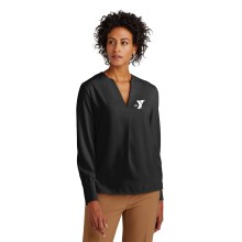 Women's Brooks Brothers® Open-Neck Satin Blouse- Embroidered Y Logo
