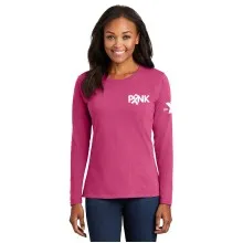 Ladies 100% Cotton L/S Tee - PINK Ribbon Print w/ Y Logo on Sleeve